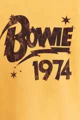 Camiseta estilo ringer (cuello y mangas con vivos a contraste) color amarillo mostaza con cuello y ribetes de manga en negro. Estampado frontal con el logo estilizado de David Bowie y el año "1974" en color marrón desgastado.