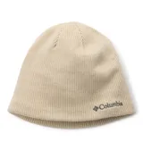 Gorro tipo beanie de tejido acanalado en color beige, con forro térmico reflectante y logo de la marca bordado en la parte inferior.