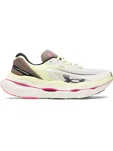Championes Under Armour modelo UA HB Racer 2, color blanco con detalles en amarillo, gris, negro y fucsia. Cuentan con suela chunky y diseño orientado al running.