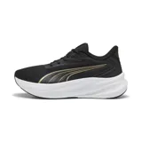 Championes Puma MaxStride Lite, de color negro con detalles dorados y suela gruesa blanca con tecnología Pumalite, diseñados para running y training.