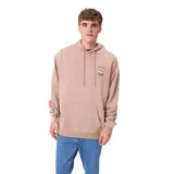 Canguro con capucha y bolsillo frontal tipo canguro, color beige. Presenta un pequeño estampado en el pecho con la inscripción Rusty Crew y una furgoneta, además de un parche decorativo en la manga.