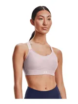 Top deportivo de alto soporte Under Armour, diseñado para actividades de alta intensidad. Presenta un diseño con relleno moldeado en forma de 8, paneles de malla para mayor transpirabilidad y tirantes ajustables con detalle de logo. Confeccionado en tejido HeatGear que absorbe el sudor y se seca rápidamente.