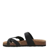 Sandalias de cuero graso color marrón habana, con diseño de dos tiras ajustables con hebillas metálicas y suela anatómica de corcho con base de goma antideslizante.