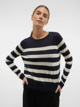 Suéter de punto con cuello redondo y puños acanalados, de manga larga. Presenta un patrón de rayas horizontales anchas en azul marino y blanco/beige.