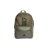 Mochila Adidas color verde oliva con tres franjas negras y logo en el bolsillo frontal.
