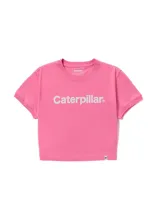 Remera corta de algodón color rosado, con diseño tipo ringer, mangas cortas y gráfico estampado con el logotipo de Caterpillar en el pecho.