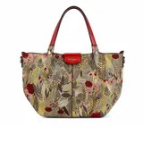 Cartera shopper David Jones de diseño estructurado, con estampado botánico de flores y hojas en tonos multicolores sobre base amarilla y asas de mano rojas.