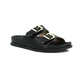 Sandalias tipo slides de color negro, con dos tiras anchas ajustables mediante hebillas metálicas doradas y suela anatómica.