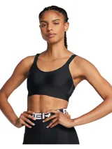 Top deportivo Under Armour Infinity Mid 2.0 de sujeción media, color negro. Presenta almohadillas moldeadas, paneles laterales de malla para ventilación, banda elástica inferior y tirantes ajustables convertibles.