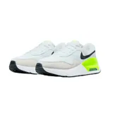 Championes Nike Air Max Systm de diseño deportivo, color blanco con detalles en gris claro, negro y verde neón. Presentan el logo de la marca en negro en el lateral y una unidad de aire visible en el talón con marco verde neón.