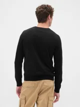 Buzo de tejido liso color verde oscuro, con cuello redondo y un pequeño logo bordado en el pecho.