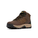 Bota de senderismo Columbia modelo Transverse Hike, color marrón con detalles en negro y beige. Presenta construcción impermeable, parte superior de piel y malla, entresuela amortiguada y suela con tracción todoterreno.