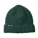 Gorro tipo beanie de punto acanalado en color verde oscuro, con dobladillo y etiqueta de la marca Rip Curl cosida en el frente.