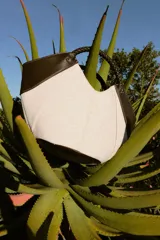 Bolso mini shopper de lona en color crudo con detalles en cuero sintético marrón en los laterales y una manija corta trenzada de mano. Cuenta con costuras contrastantes y cierre magnético.