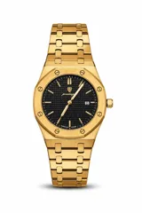 Reloj analógico Poedagar modelo 924 con caja y malla de acero inoxidable doradas, esfera negra texturizada, manecillas luminiscentes e indicador de fecha.