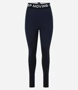 Legging deportiva de microfibra color lila, con cintura elástica ancha en contraste que presenta el texto Keep Mooving estampado.