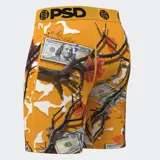 Calzoncillos bóxer de la marca PSD, modelo WF Pumpkin Spice, con estampado de camuflaje en tonos naranja, marrón y blanco, con billetes de dólares y un diseño de boca de tiburón con dientes afilados.