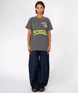 Remera de algodón gris oscuro con lavado especial, corte holgado y cuello redondo. Presenta un estampado frontal con la palabra "MICHIGAN" en amarillo neón con borde negro, y apliques decorativos en la parte superior: un corazón naranja, la palabra "NEWTONE" en arco y dos píldoras/pastillas de colores.