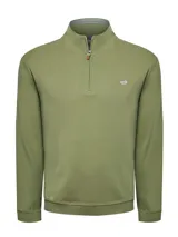 Buzo de hombre con medio cierre frontal, cuello alto y manga larga. Confeccionado en algodón orgánico, presenta un diseño liso en color verde oliva con un pequeño parche bordado de un pato en el pecho.