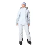 Pantalón de nieve Columbia Bugaboo II Omni-Heat para mujer, de color blanco con detalles negros en los dobladillos inferiores, diseñado con tecnología impermeable y transpirable para deportes de invierno.