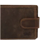 Billetera de cuero natural de primera calidad en color marrón, con diseño plegable, cierre con broche y múltiples ranuras para tarjetas. Incluye forro interior de poliéster reciclado y tecnología de protección RFID.