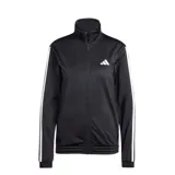 Campera deportiva Adidas de mujer, confeccionada en tejido tricot de poliéster. Presenta un diseño clásico en color negro con las icónicas tres tiras blancas en las mangas, cierre frontal completo, cuello alto y logo de la marca estampado en el pecho.