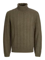 Sweater de punto con cuello alto y manga larga, confeccionado con un diseño de trenzas verticales en toda la prenda. Presenta puños y ruedo acanalados.