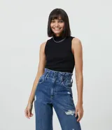 Blusa cropped Blue Steel de algodón y elastano, color negro, sin mangas, con cuello alto y diseño acanalado ajustado al cuerpo.
