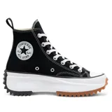 Championes de caña alta Converse Run Star Hike, color negro con detalles en blanco y suela gruesa con plataforma blanca y detalles en marrón y negro.