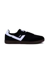 Championes deportivos Pony modelo Moma para hombre, de color blanco con detalles en azul marino y puntera de gamuza gris, con suela marrón de goma.