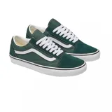 Championes de lona y gamuza Vans Old Skool de color verde oscuro, con la clásica banda lateral blanca Sidestripe, cordones blancos y suela de goma vulcanizada.