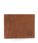 Billetera horizontal de cuero color marrón chocolate con costuras a contratono y logo en relieve.