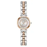 Reloj analógico Guess modelo Leena con caja de 27 mm en tono rose gold y esfera plateada con detalles de cristales. Presenta una correa de acero inoxidable bicolor con eslabones centrales esféricos en tono rose gold y laterales plateados.
