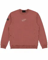 Buzo de algodón color terracota, con corte oversize, cuello redondo y puños acanalados. Presenta un pequeño estampado tipográfico en el centro del pecho y un parche con logo en la manga derecha.