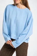 Buzo lila oversize confeccionado en 100% algodón, con cuello redondo, mangas largas y puños y dobladillo acanalados. Presenta un pequeño detalle bordado en el bajo.