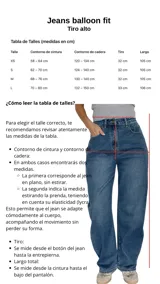Pantalón de jean con corte balloon fit, de tiro alto y diseño holgado en las piernas. Confeccionado en denim con elastano, presenta un lavado azul clásico y cierre frontal con botón y cremallera.