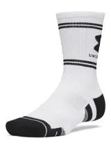 Pack de tres pares de medias deportivas blancas con detalles en negro, puntera y talón negros, y líneas horizontales con logo de la marca.