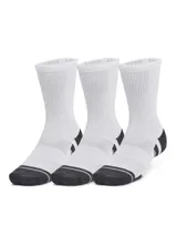 Pack de tres pares de medias deportivas de caña media, color blanco con puntera y talón en gris oscuro. Presentan diseño ergonómico con amortiguación, paneles de malla para ventilación y soporte de arco integrado.