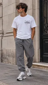 Pantalón jogger gris de algodón rústico, con cintura elástica con cordón ajustable, puños en los tobillos y pequeño estampado lineal en la pierna izquierda.