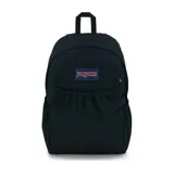 Mochila JanSport Slouch Pack negra con un compartimento principal, bolsillo delantero grande, funda interna acolchada para laptop de 15 pulgadas, bolsillos laterales dobles para botellas de agua, panel trasero completamente acolchado y correas para el hombro acolchadas.