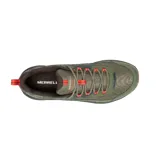 Championes de senderismo Merrell modelo Speed Strike 2 Waterproof, color verde oliva con detalles en naranja y suela marrón. Presentan una construcción impermeable con parte superior de malla y cuero sintético, entresuela de espuma EVA para mayor estabilidad y suela de goma con tracción duradera.
