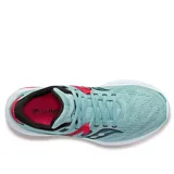 Championes de running Saucony Guide 16, color celeste con detalles en azul y rojo.