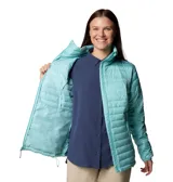 Campera acolchada Columbia modelo Silver Falls II, color turquesa, con cierre frontal, cuello alto, bolsillos laterales con cremallera y puños elásticos.