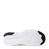 Championes de running New Balance modelo 413 para mujer, color blanco jaspeado con detalles en azul celeste en el forro interior y el logo 'N' lateral. Poseen una suela gruesa blanca y detalles en negro en la puntera y talón.