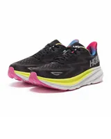 Championes Hoka Clifton 9 color negro con detalles en amarillo, rosa y celeste.