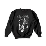 Buzo de cuello redondo color negro con estampa frontal en blanco y negro del guitarrista Slash tocando su instrumento. Presenta un diseño de estilo urbano con corte clásico y mangas largas.