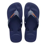 Ojotas Havaianas modelo Top Max Comfort, color azul marino con logo en color naranja en las tiras. Presentan una suela texturizada y diseño ergonómico para mayor confort.