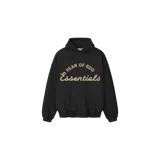 Hoodie Fear of God Essentials de color negro, con capucha, mangas largas y elástico en puños y cintura. Cuenta con el estampado frontal con la inscripción "Fear of God Essentials" en tonos tostados.
