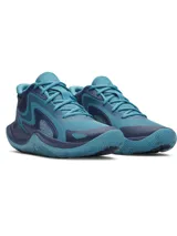 Championes Under Armour UA Jet 25, diseño deportivo en tonos azul y turquesa, ideales para básquetbol y entrenamiento.