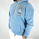 Canguro celeste con capucha, cordones blancos y bolsillo delantero tipo canguro. Estampa frontal con dibujo de nube con auriculares y texto "Tune out the negative thoughts".